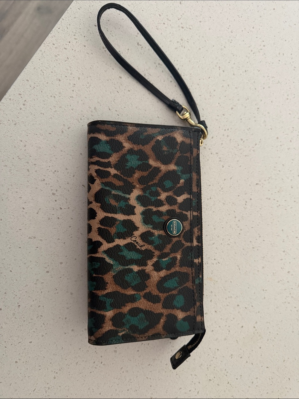 Coach Leopard Print Wristlet in Brown and turquoise